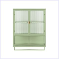 a green cabinet with two glass doors on the top and bottom, against a white background