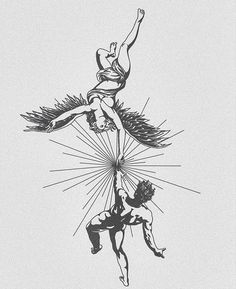 a black and white drawing of two people in the air