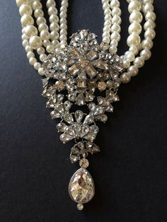 "This pearls long necklace is soooo romantic and beautiful which you (and me) can deny of it! Very vintage style Victorian sparkle pendants set in center and linked with pearl chains and we have added extra long cable chain at end with mini sparkle pendants finished at end. Size: necklace measures around 21\" long and center sparkle measures around 5\" long (teardrop included) x 2\" width Color: silver with clear rhinestone crystals, glass stones and pearls ** Please note we need to take around Necklace Formal, Pearl Wedding Necklace, Beautiful Jewelry Diamonds, Evening Cocktail Party, Jewellery Design Sketches, Pearl Necklace Wedding, Jewelry Chest, Necklace Bridal, Pearls Necklace