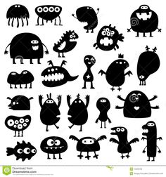 black and white silhouettes of cartoon monsters