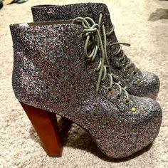 Brand New, Never Worn Jeffrey Campbell Vintage Sparkly Heel Boot Jeffrey Campbell Boots, Pointed Ankle Boots, Snake Print Boots, Chunky Heel Booties, Black Suede Ankle Boots, Sparkly Heels, Leather Western Boots, Heel Boot, Black Suede Booties