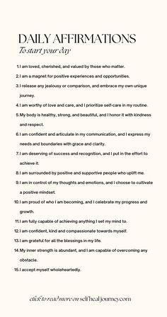 the daily affirmations page with instructions for each individual to be able to use