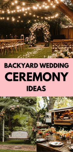 Backyard wedding setup with a floral arch, fairy lights, vintage swing adorned with greenery, and a rustic outdoor dining area with vibrant floral decor. Backyard Wedding Ceremony, Religious Ceremony, Church Ceremony, Ceremony Decorations, Backyard Wedding, Plan Your Wedding, Wedding Ceremony, Dreaming Of You, Make It Yourself