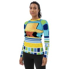 Tahiti Girl Bright Lights Blue Geo Print Women's Rash Guard. EXCLUSIVE OF DESIGN. MADE-TO-ORDER. This exclusive of design and made-to-order item will keep you warm while you catch waves and stay protected from the wind and the sun with its SPF 50+ protection. This fashionable top is crafted from superior materials with a blend of 82% polyester and 18% spandex, giving you maximum quality at an incredibly soft feel. Pair with leggings from the same collection or wear with jeans! The slim fit ensures a comfortable fit and flat ergonomic seams make this rash guard extra comfy. With a longer body for extra coverage, you can stay stylish and active whether you’re catching waves or running errands. Look stylish and keep up with your active lifestyle. Get the Tahiti Girl Bright Lights Rash Guard f Rash Guard Women, Geo Print, Bright Lights, Tahiti, Rash Guard, Active Lifestyle, Spf 50, The Wind, Running Errands