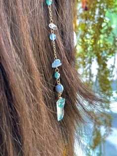 ONE Blue Aqua Hippie Hair Bead: Set with the intention of unity and communication. Includes a Sensitive Scalp Attachment Clip to attach the Hippie Hair Bead to your hair! Crystals: Blue Lace Agate, Opalite, and Heat Treated Quartz. 🫧Every order comes with a goodie bag full of an assortment of hippie items!🫧 Hippie Hair Beads are made using Sterling Silver Wire/Gold Plated Wire each piece is made with ethnically sourced crystals<3 Each are handmade and not alike. They have the same color scheme Hair Crystals, Hair Charm, Winter Core, Blue Hair Clip, Witch Hair, Bead Hair, Hair Charms, Bead Hair Accessories, Turquoise Hair