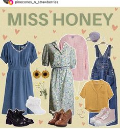 Ms Honey Aesthetic Outfits, Miss Honey Inspired Outfits, Ms Honey Outfits, Ms Honey Matilda Outfits, Miss Honey Aesthetic Outfits, Miss Honey Costume, Honey Core Aesthetic Outfits, Grandma Era Aesthetic, 90s Teacher Aesthetic