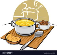 soup in a pot with bread and spoons on the table, isolated against a white background