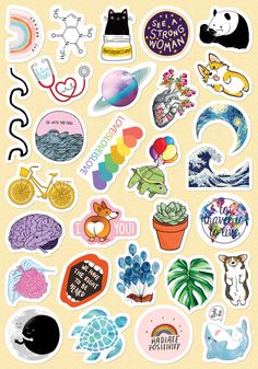 an assortment of stickers with different types of animals and plants in them on a yellow background