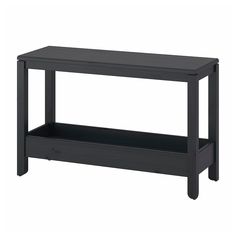 a black wooden table with two shelves on top and one shelf below the end section