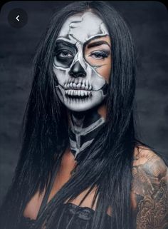 Grim Reaper Costume Female Makeup, Halloween Skeleton Face Paint, Female Skeleton Makeup, Grim Reaper Face Paint, Grim Reaper Makeup Female, Grim Reaper Makeup, 31 Days Of Halloween Makeup, Half Skull Makeup, Halloween Makeup Sugar Skull