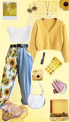 Sunflower Aesthetic Clothes, Sunny Aesthetic Outfits, Sunflower Outfit Ideas, Cottagecore Outfits With Jeans, Sunflower Inspired Outfit, Sunflower Aesthetic Outfit, Hopecore Outfit, Cottagecore Aesthetic Clothing, Warm Spring Outfit Ideas