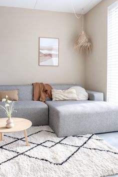 a living room with a gray couch and white rug