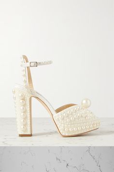 Jimmy Choo Sacaria, Wedding Platform, Jimmy Choo Bridal, Ankle Strap Block Heel, Bridal Heels, Satin Heels, White Pumps, Bridal Inspo, Long Train