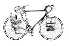 a drawing of a bicycle with a bag on the front wheel and seatposts