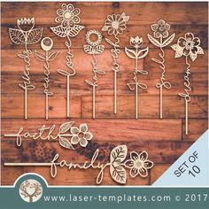 laser cut out flowers and leaves on wooden background with text that reads laser - templates