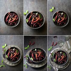 four pictures show the process of making an insect dish with red worms and green leaves