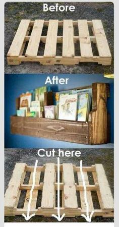 the steps to make a pallet book shelf out of wood and some other things