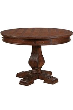 a round wooden table with four legs