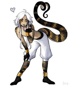 a woman with white hair holding a snake