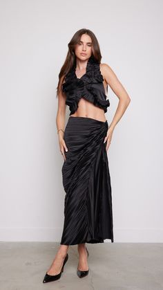 This elegant satin black crop top and matching skirt set with ruffles offers a perfect blend of sophistication and femininity. Whether you're attending a formal event or a special occasion, this ensemble promises to make a lasting impression with its timeless design and chic aesthetic. Features: Two Piece Set Black Satin Ruffles Pleated Skirt 80461 SET 51 Matching Skirt Set, Crop Top Skirt, Black Crop, Two Piece Sets, Floral Midi Dress, Black Crop Tops, Classic Elegance, Floral Dress Black, Black Satin