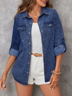 Women's Solid Color Simple Everyday Long Sleeve Denim Blouse Dark Wash Casual  Long Sleeve Denim Plain Shirt Non-Stretch  Women Clothing, size features are:Bust: ,Length: ,Sleeve Length: Denim Blouse Outfit, Denim Shirts For Women, Dark Washed Jeans Outfit, Wash Jeans Outfit, Timeless Staples, Spring Work, Trendy Fits, Womens Denim Shirt, Jeans Outfit Casual