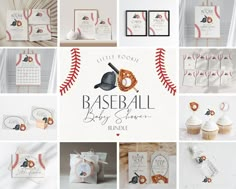 baseball themed baby shower items are displayed in this collage, including cupcakes and cards