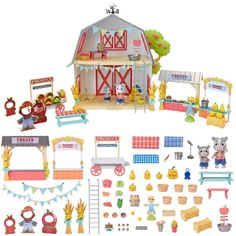 an assortment of toys including farm animals and farmer's market items are displayed on a white background