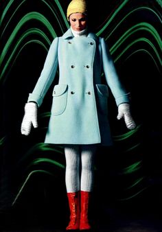 Powder blue + red Courreges, L'officiel magazine, 1969 Fashion History Timeline, Blue Coat, Red Boots