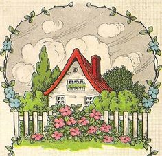 a drawing of a house surrounded by trees and flowers