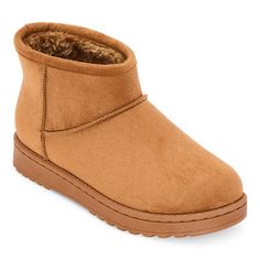 You'll love the way these Arizona Jean Co. women's booties keep your feet nice and cozy during the chilly months. The pull-on style features a soft fabric upper with a faux fur lining, a plain toe, a flat heel, and a rubber sole. Their short ankle height pairs perfectly with jeans and a chunky sweater.Closure Type: Pull OnShaft Circumference: 12 3/4 InchesBoot Shaft Height: 4 InchesShoe Heel Height: 1 1/4 InchesUpper/Outer Base Material: 100% Fabric UpperShoe Lining Material: FabricSole Material Winter Slip-on Boots With Cushioned Footbed, Cozy Cold Weather Boots With Round Toe, Winter Cushioned Slip-on Boots, Cozy Round Toe Boots For Cold Weather, Comfortable Winter Boots With Cushioned Footbed, Women's Booties, Winter Shoes For Women, Boots Winter, Boots Brown