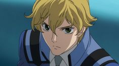 an anime character with blonde hair and green eyes wearing a blue shirt, tie and vest