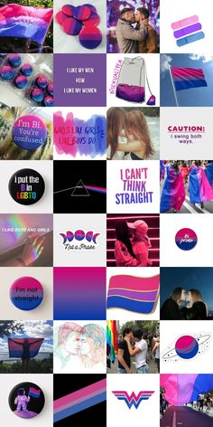 the collage has many different colors and designs on it, including pink, blue, purple