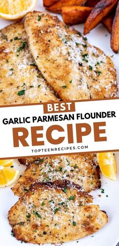 the best garlic parmesan flounder recipe on a white plate with lemon wedges