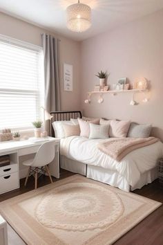 a bedroom with pink walls, white furniture and rugs on the floor in front of a window