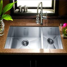 two stainless steel sinks in a granite countertop with flowers and vases on the side