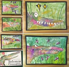 four paintings of alligators and bees in the grass with words solomon crocodile written on them