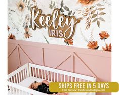 a baby in a crib with the words kelleley iris on it's wall