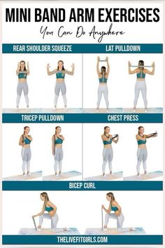 a woman doing exercises for her arms and chest with the text, mini band arm exercises you