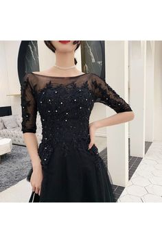 Shop Modest Long Black Formal Dress With Beaded Half Sleeves online. SheProm offers formal, party, casual & more style dresses to fit your special occasions. Long Black Formal Dress, Long Black Dress Formal, Trendy Dress Styles, Black Formal Dress, Best Prom Dresses, Black Dress Formal, Black Formal, Trendy Dress, Prom Formal