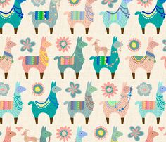 colorful llamas with flowers and daisies on a white background in pastel colors