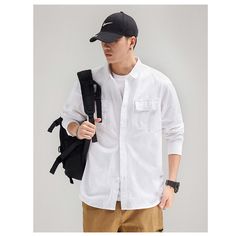 Single Breasted Solid Color Long Sleeve Shirt  Material: 100% cotton  Size: M, L, XL, 2XL, 3XL Color: Black, White, Khaki  Season: Spring, Autumn, Winter   Occasion: Leisure, Outdoor, Daily, Vacation, Fall Outfits Cotton Top With Pockets And Casual Collar, Casual Long Sleeve Cotton T-shirt, Casual White Shirt With Pockets, Casual Cotton Tops With Pockets, White Cotton Top With Casual Collar, Casual Cotton Shirt With Casual Collar, Casual Oversized Shirt With Pockets, Solid Color Cotton Shirt For Streetwear, Casual Streetwear Shirt