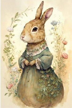 a painting of a rabbit in a green dress