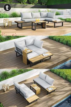 three different views of a couch and table on a wooden deck next to a pool