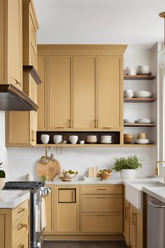 a kitchen filled with lots of wooden cabinets and white counter tops next to a stove top oven