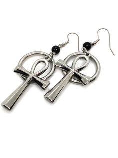 Goth Earrings - Ankh and Ring – JunkyardBat Nickel-free Metal Cross Earrings, Gothic Ankh Jewelry For Gift, Ankh-shaped Metal Earrings For Gift, Ankh Shaped Metal Earrings For Gift, Symbolic Ankh Shaped Metal Jewelry, Symbolic Ankh-shaped Metal Jewelry, Black Ankh Metal Jewelry, Gothic Surgical Steel Jewelry Gift, Gothic Surgical Steel Jewelry For Gifts