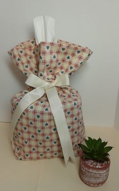 a small potted plant sitting next to a wrapped present