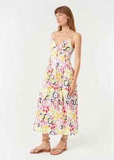 Linen Sophie Floral Midi Dress | Painted Bloom Multicolor Linen Floral Print Dress, Multicolor Linen Dress With Floral Print, Multicolor Floral Linen Dress, Chic Linen Floral Print Dress, V-neck Linen Dress With Floral Print, Printed V-neck Midi Dress For Daywear, V-neck Printed Midi Dress For Daywear, Multicolor Linen Spring Dress, Spring Multicolor Linen Dress