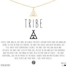 a gold necklace with the words tribe on it and an image of two triangle pendants