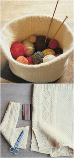 two pictures with yarn, scissors and knitting needles in the same bowl on the table