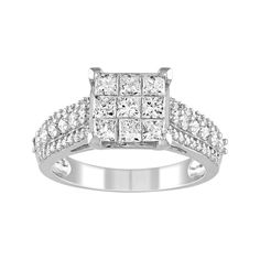 This Lovemark ring is simply breathtaking. Invisible-set, princess-cut diamonds serve as a stunning focal point, and are beautifully accented by rows of round-cut diamonds along the band. RING DETAILS Width: 9.2 mm Metal: 10k white gold Plating: rhodium Finish: polished Packaging: boxed DIAMOND DETAILS Total weight: 1 1/2 ct. Shape: princess cut, round Color grade: H-I Clarity: I2-I3 Setting: invisible, pave Gemstones may have been treated to enhance their appearance. Special care may be require Promise Ring: Princess Cut Diamond Ring With Accents, Princess Cut Diamond Ring With Accents For Promise, Princess Cut Rings With Diamond Accents In Diamond White, 14k White Gold Princess Cut Diamond Ring, Princess Cut Cubic Zirconia Jewelry With Pave Setting, Cubic Zirconia Princess Cut Jewelry In Pave Setting, Princess Cut Rings With Diamond Accents In Fine Jewelry, White Gold Princess Cut Diamond Ring With Accents, Diamond White Princess Cut Diamond Ring